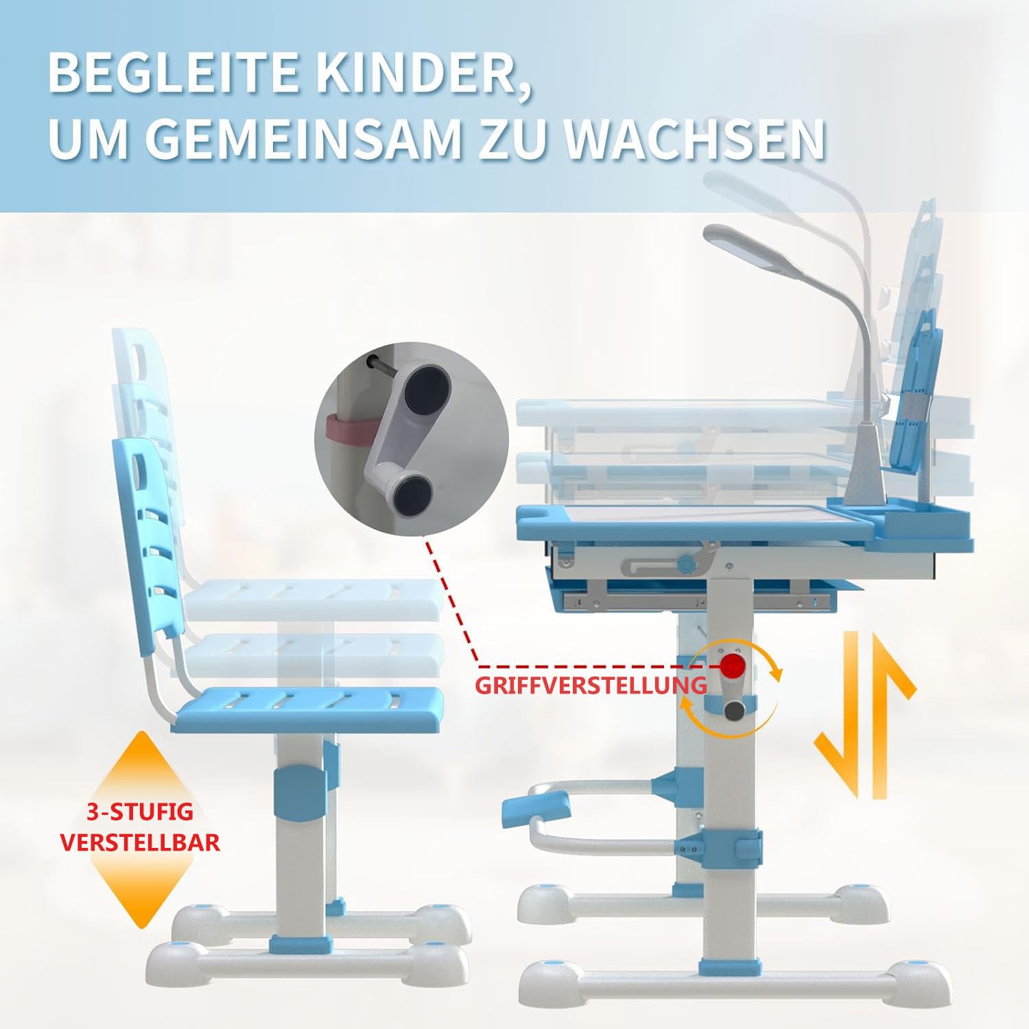 Kinderschreibtisch höhenverstellbar,Schülerschreibtisch Jugendschreibtisch mit Schublade Schreibtisch Kinder mit neigbarer Tischplatte für 3-12 Jahre Kinder (Blau-L)