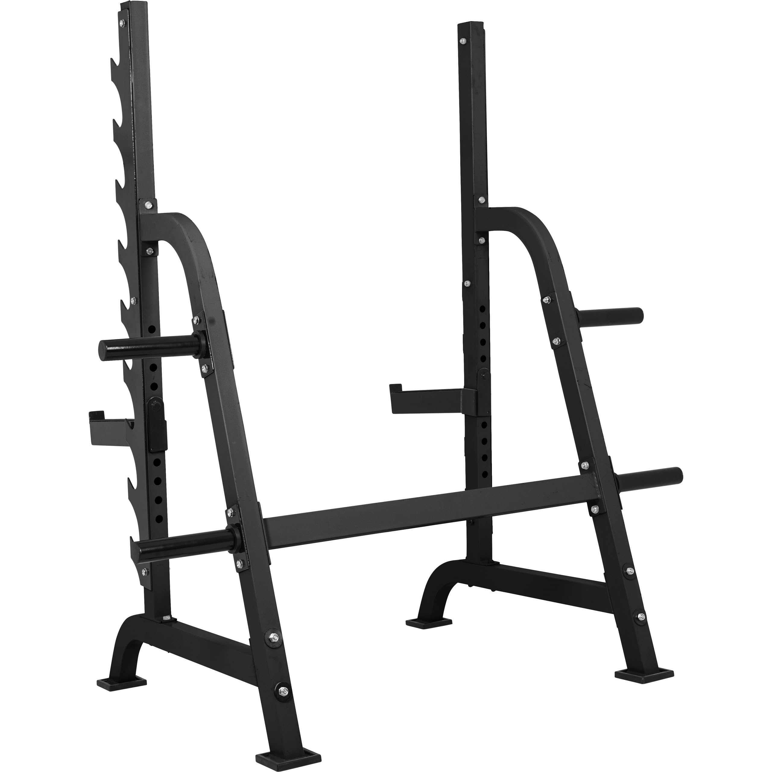 GORILLA SPORTS® Squat Rack mit 9 Ablagen und Scheibenständer, bis 300 kg | Mit 4 Aufnahmen für 50/51-mm-Scheiben und 40-cm-Sicherheitsablagen; Kniebeugenständer, Langhantelablage, Hantelständer