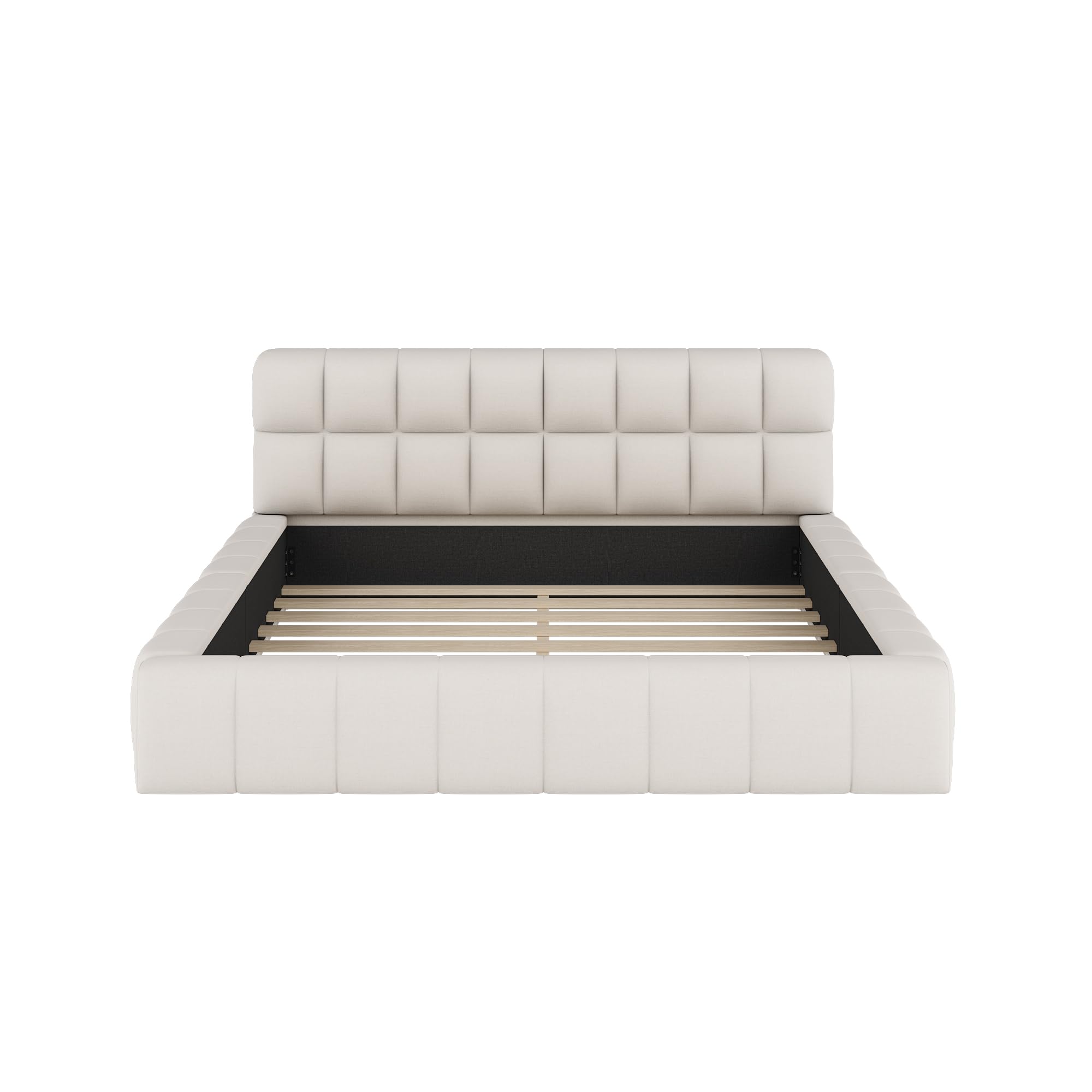 Letto imbottito con schienale morbido, piano con bordo imbottito, rete a doghe in lino (materasso non incluso) (beige, 140 x 200 cm)