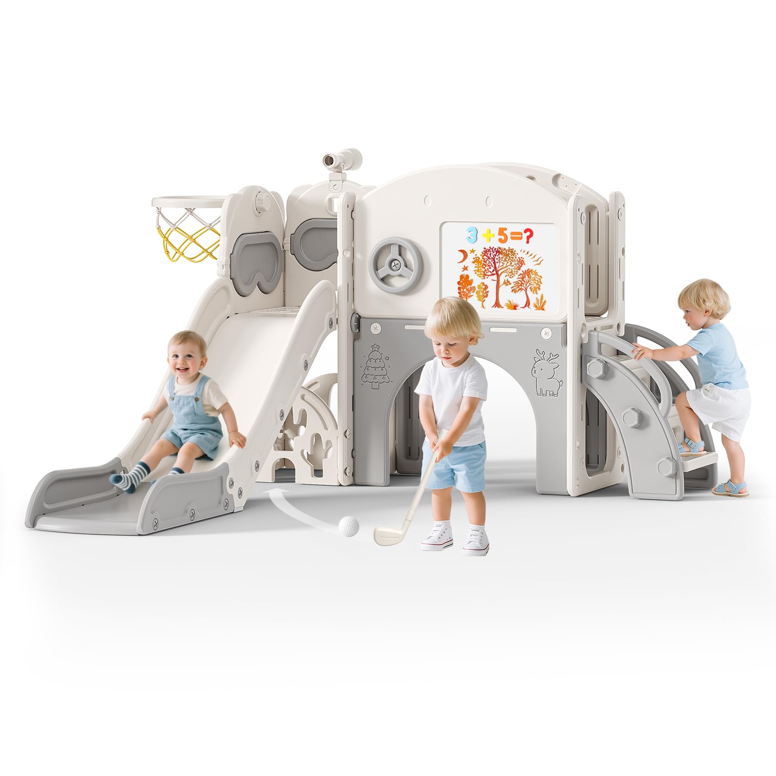 Scivolo per bambini, scivolo per bambini piccoli indipendente con canestro da basket, attrezzatura per parco giochi con scivolo, scivoli all'aperto (Beige Grigio-8 in 1)
