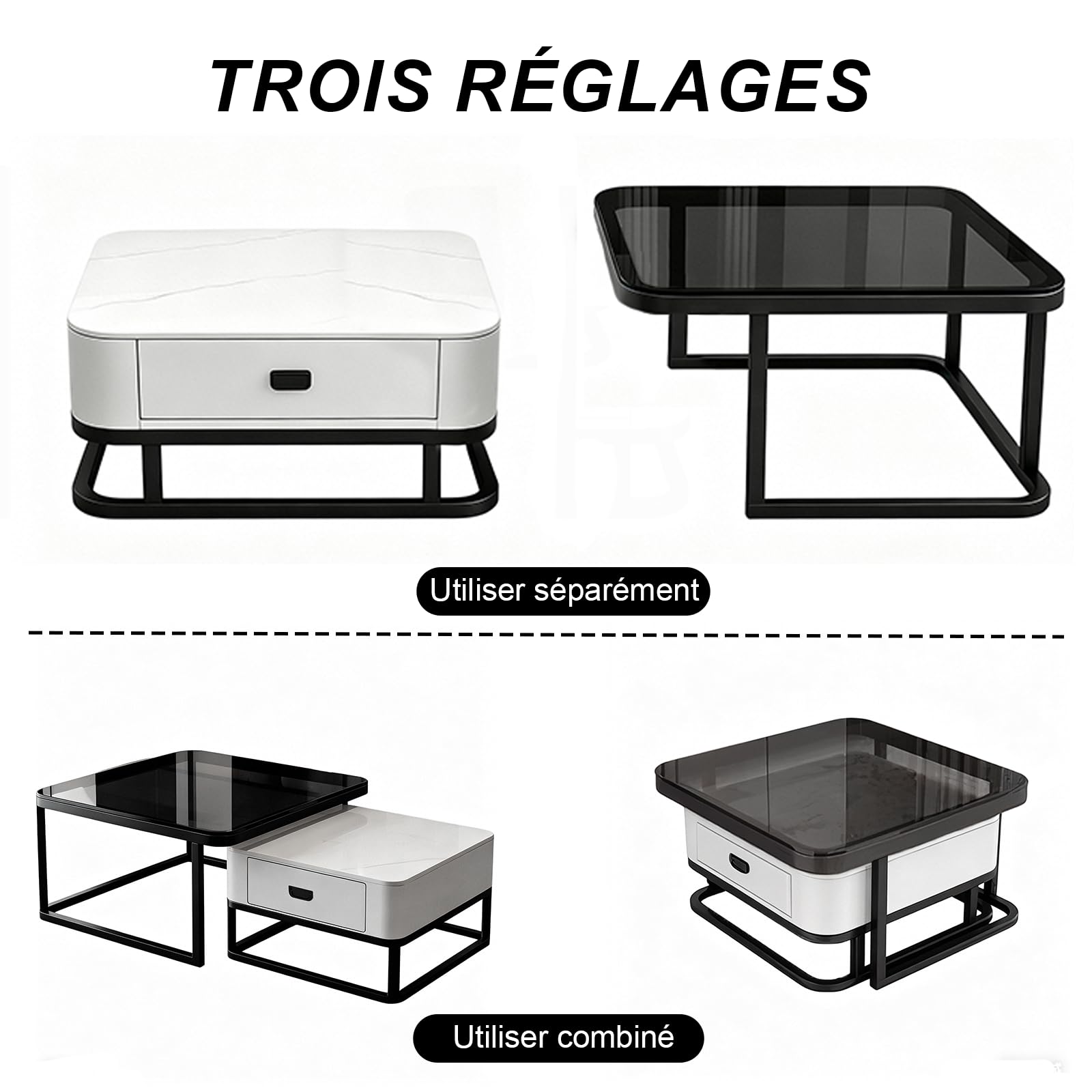 Générique Table Basse Carré avec Tiroirs, Structure en Métal, Plateau en Verre et Pierre Frittée, Table de Salon Moderne pour Salon