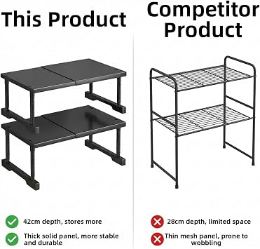 Adjustable Expandable Cabinet Storage Shelf Sturdy Metal Stackable Rack Maximize Vertical Space For Home Organization(White,L27-42cm*W42cm*H35-50cm)