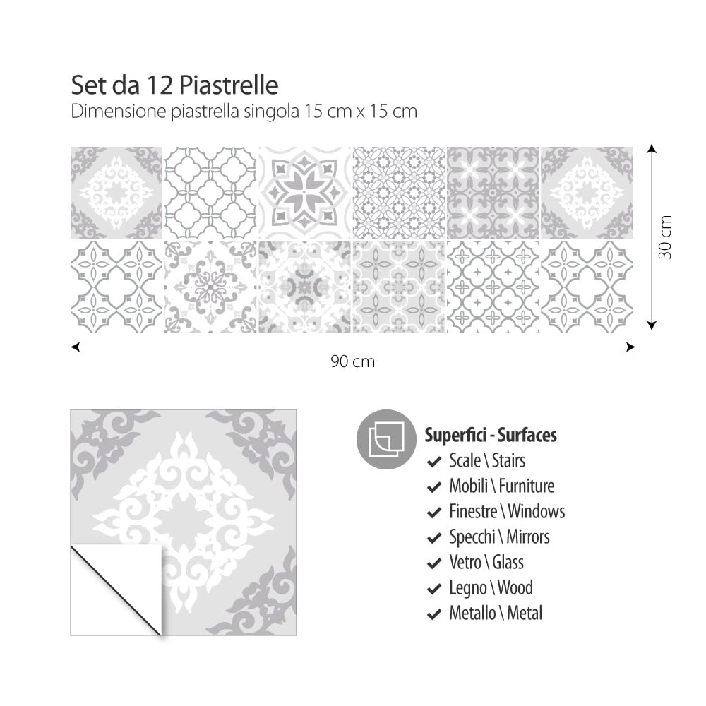 RE-COVERTILES - Adesivi Piastrelle Cucina Bagno Mattonelle adesive in PVC Impermeabili Antigraffio Stickers Decorazione Parete Cementine Peel and Stick - Modello 32 Pz 15x15 cm PS00012 Made in Italy