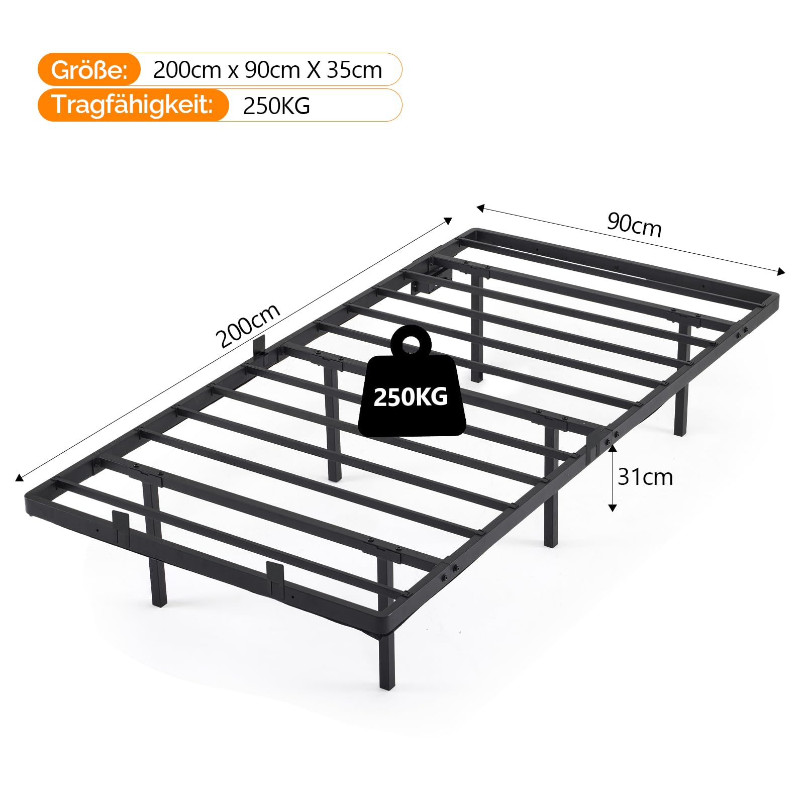 Bonnlo Bettgestell mit Lattenrost, Bett mit LED Beleuchtung, Metallbett Robust mit 1 AC-Steckdose und USB-C-Anschluss, Schwebenbett mit 36 cm Höhe schwarz (ohne matratze) (90 x 200 cm)