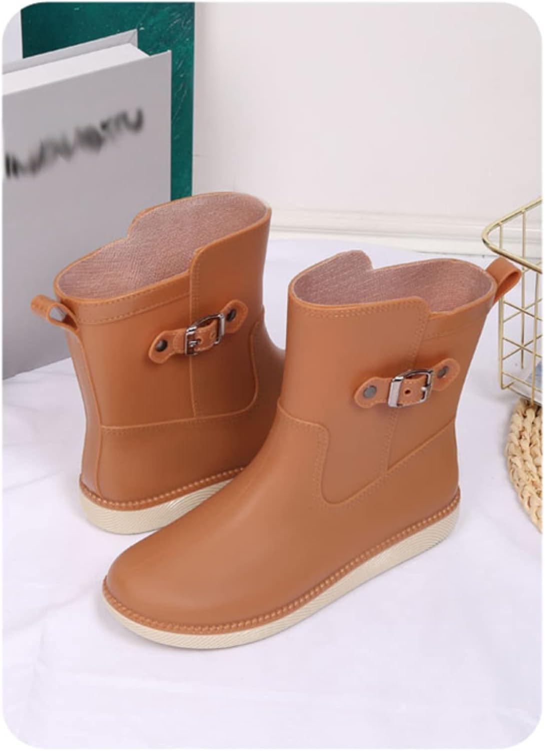 [リンゼ] レインブーツ ショート丈 レディース 完全防水 長靴 オシャレ ショートレインシューズ 雨靴 黒 靴 梅雨 キャラメル色