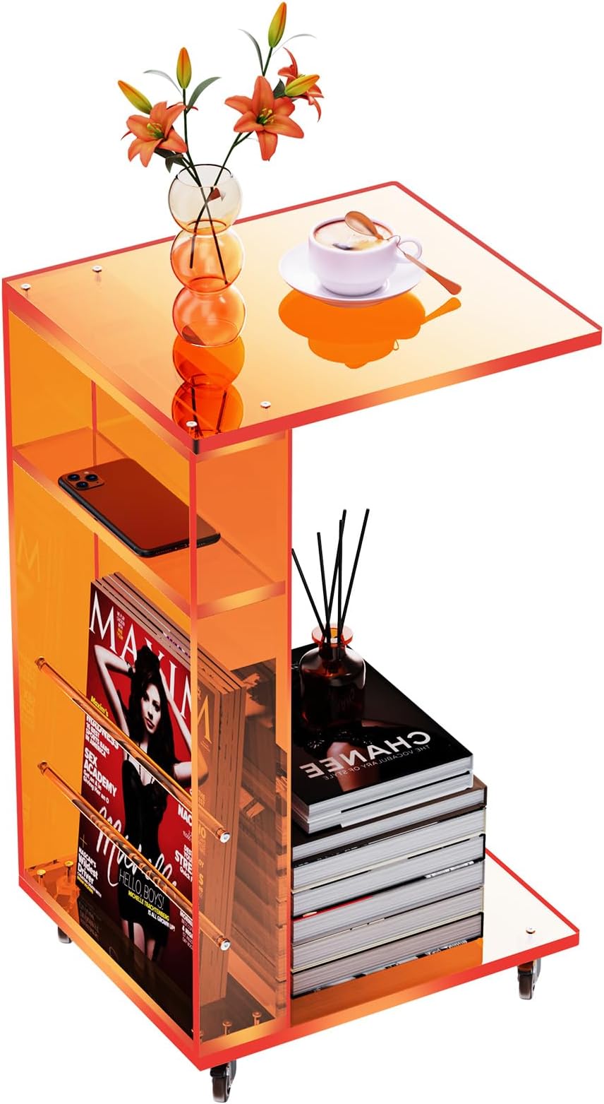 solaround Acrylic Side Table, Sofa Side Bedside Table, Coffee Table for Living Room (C-Shape Orange)