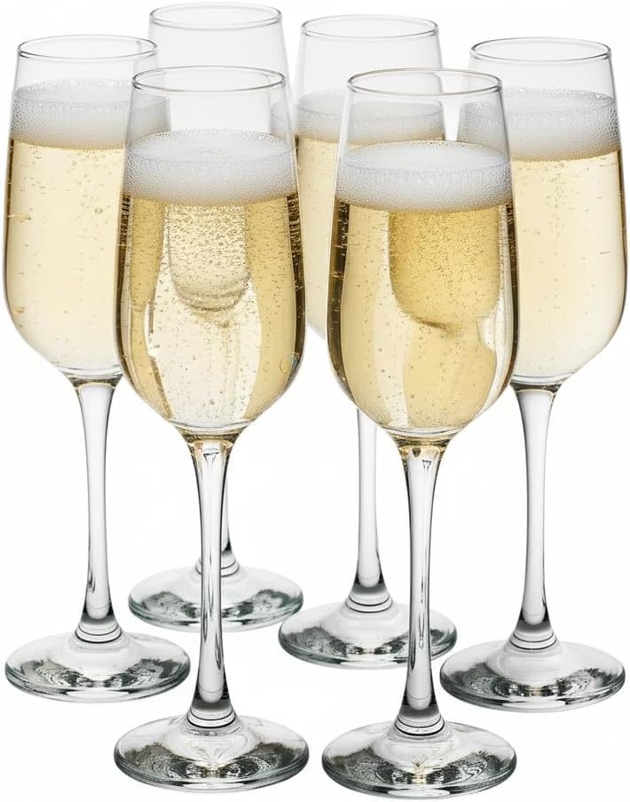 Champagne Flutes Set, 195ml Prosecco & Sparkling Wine Glasses, Elegant Crystal Stemware for Celebrations & Entertaining (Set of 6 Glasses)