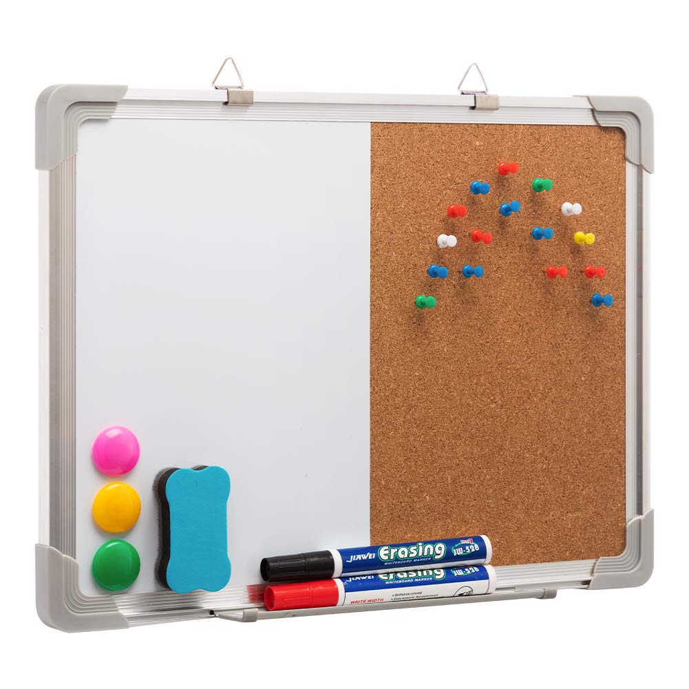 DOEWORKS Lavagna Bianca Combinata Bifacciale 40 x 30cm, Lavagna Magnetica Cancellabile a Secco & Bacheca in Sughero, Bacheca Sospesa a Parete per Casa Ufficio Scuola