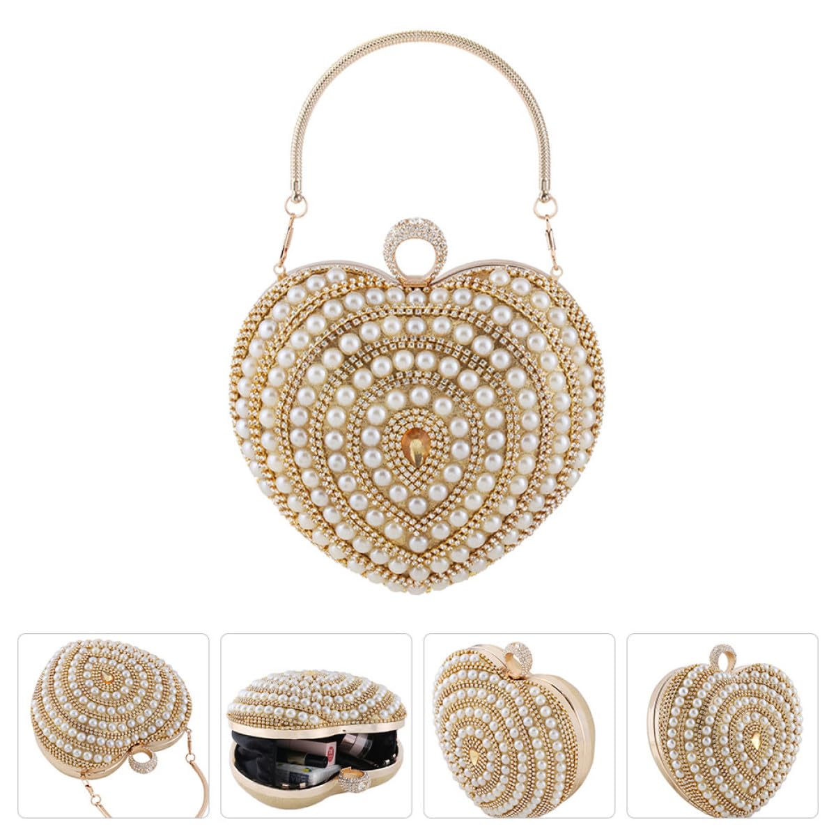 SOLUSTRE Borsetta da Notte Raffinata a Forma di Cuore con Pietre Decorative, Clutch da Donna in Poliestere e Metallo Oro, per Feste e Serate Speciali