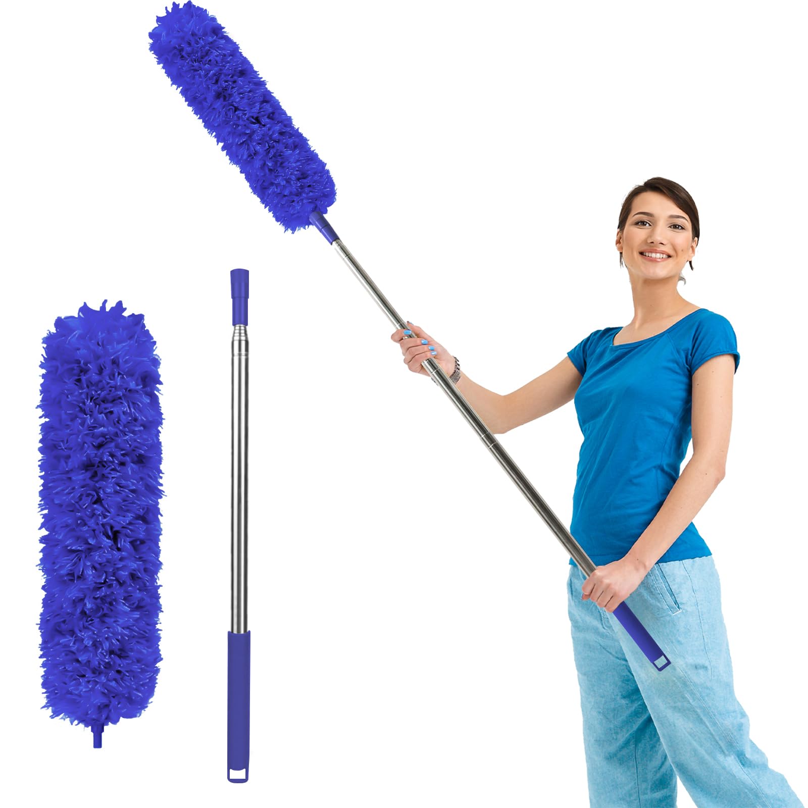 FograyExtendable Feather Duster, Bendable Microfiber Dusters with Extra Long Telescopic Extension Pole and Soft Silicone Cap, Washable for Cleaning Roof, High Ceiling Fan, Blinds(Dark Blue)