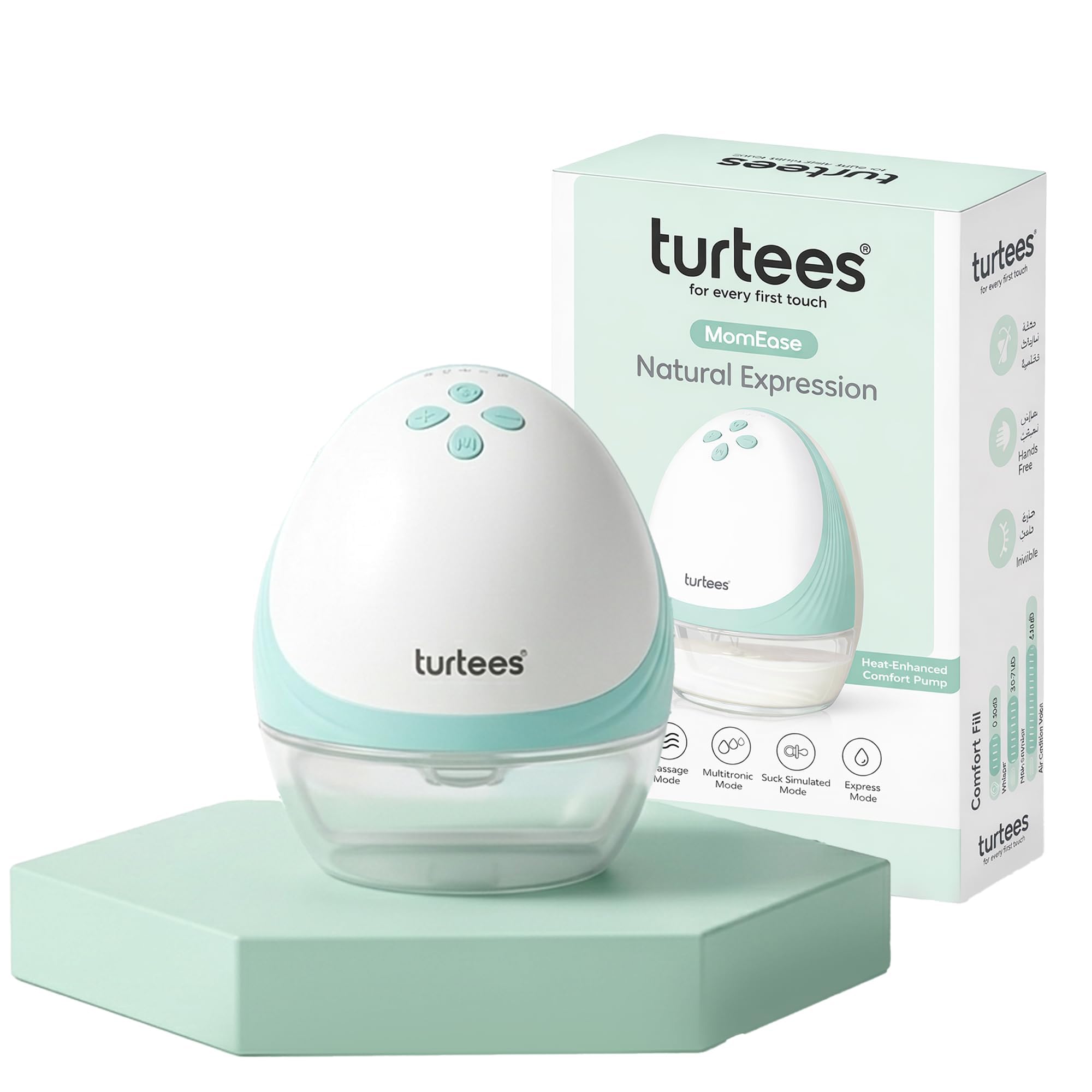 Turtees MomEase Wearable Breast Pump with Heat Assist – Hands-Free Electric in-Bra Pump, 4 Modes 9 Suction Levels, USB Rechargeable, Quiet Portable