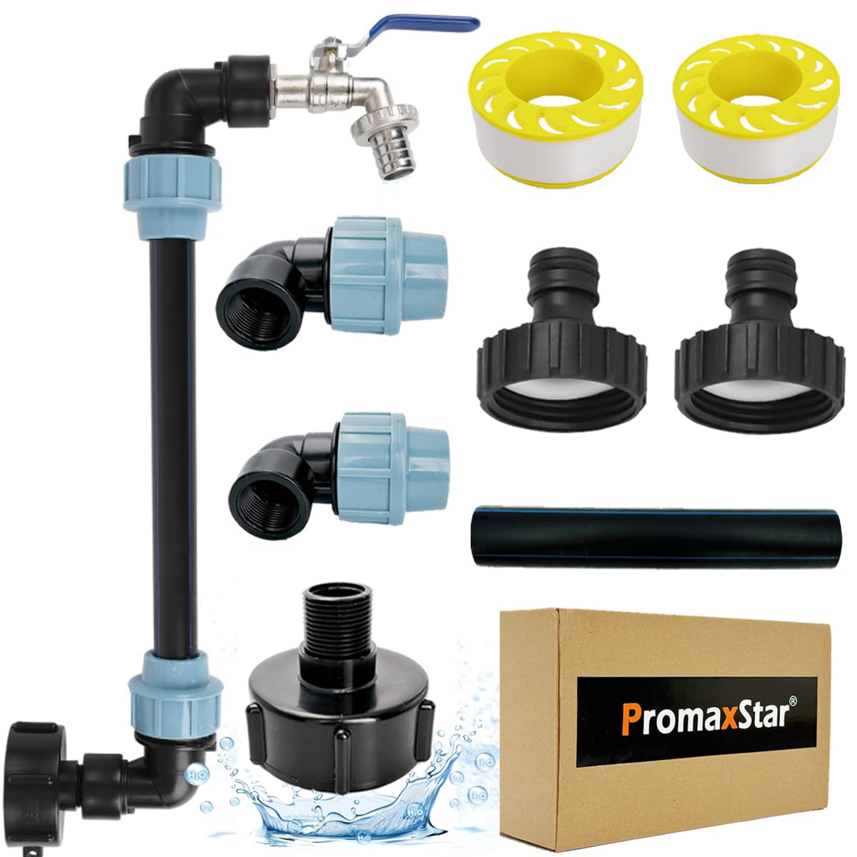 IBC Tank Gooseneck 3/4 Inch Outlet Tap, S60 x 6 Tap Stopcock, 3/4 Inch IBC Adapter, IBC Tank Accessories for Rainwater Tank, Water Barrel, IBC Container (Blue Handle)