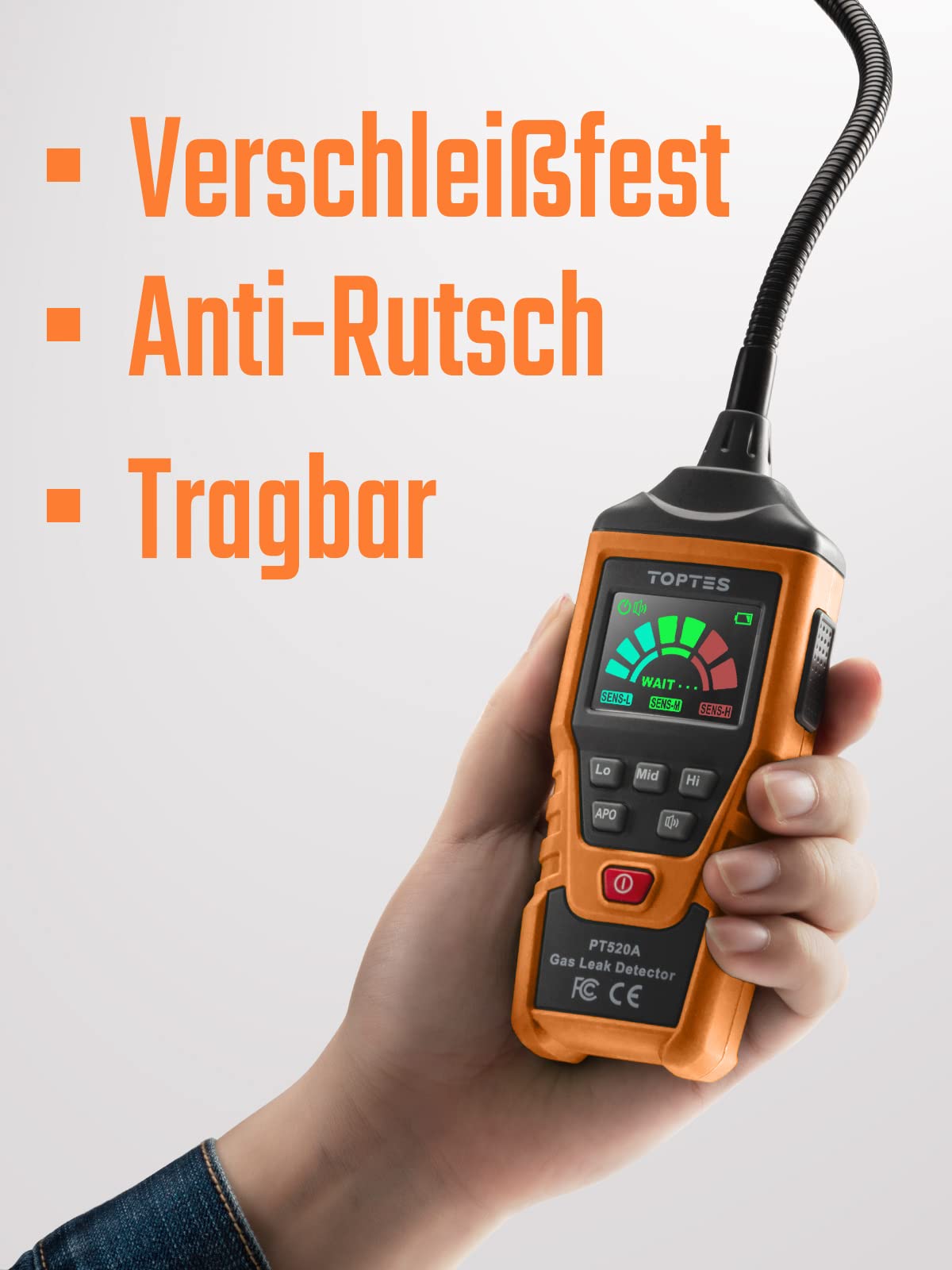 Gasmelder, TopTes PT520A Erdgasdetektor für Zuhause und Wohnmobil mit 43,5 cm Sonde zur Ortung von Gaslecks wie Propan, LPG (3X AAA-Batterien inklusive, deutsche Bedienungsanleitung) - Orange
