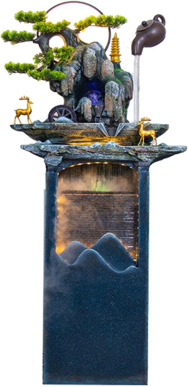 Floor Water Fountain Floor Standing Fountain with Hanging Teapot and Simulated Pine Tree, Indoor Water Recirculation Decorative Fountain for Living Room Floor Fountain