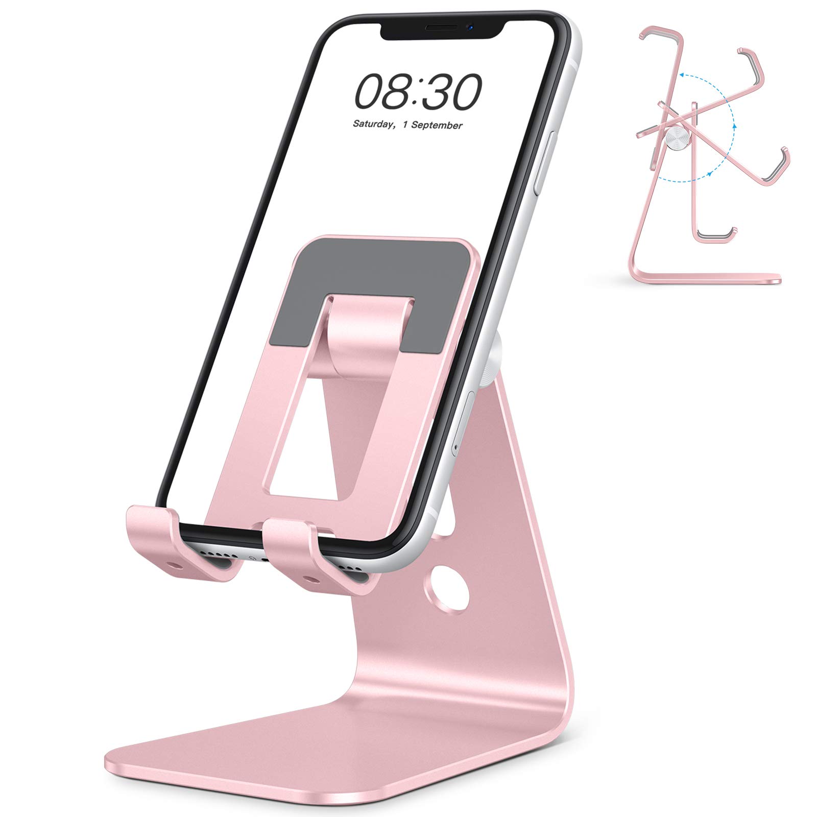 OMOTON Soporte Móvil Mesa, Multiángulo Soporte Teléfono de Aluminio Más Grande y Ajustable para iPhone 13/12//12 Pro MAX/ SE, Xiaomi, Redmi 9S, Samsung, Huawei, Goole Pixel y Más Smartphones-Oro Rosa