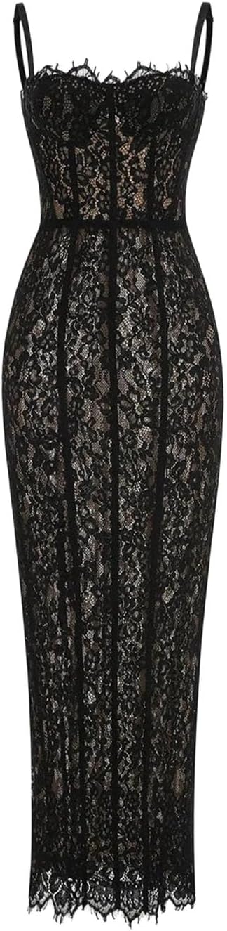 Women Black Lace Sleeveless Maxi Dress Summer Sexy Party Fashion Celebrity Club Wear