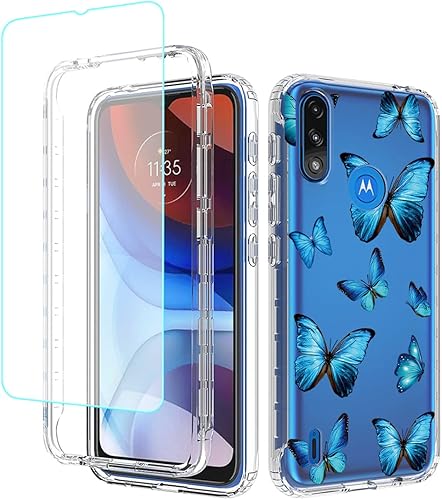 sidande Funda para Moto E7 PowerMoto E7i Power XT2097 con protector de pantalla de vidrio templado, cuerpo completo, transparente, floral, funda