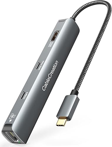 CableCreation Adaptador multipuerto USB-C 6 en 1 con HDMI 4K 60HZ, puerto de datos USB C, Ethernet de 1 Gbps, entrega de energía de 100 W, 2 puertos