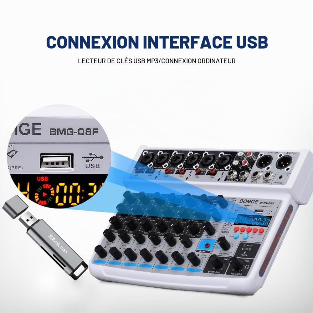 BOMGE Mini Mixeur Audio 8 Canaux, DC 5 V, MP3 Lecteur, Bluetooth, U Disque 48 V, 24DSP Effets, Enregistrement USB, Idéal pour Petits Clubs ou Bars, Studio Enregistrement