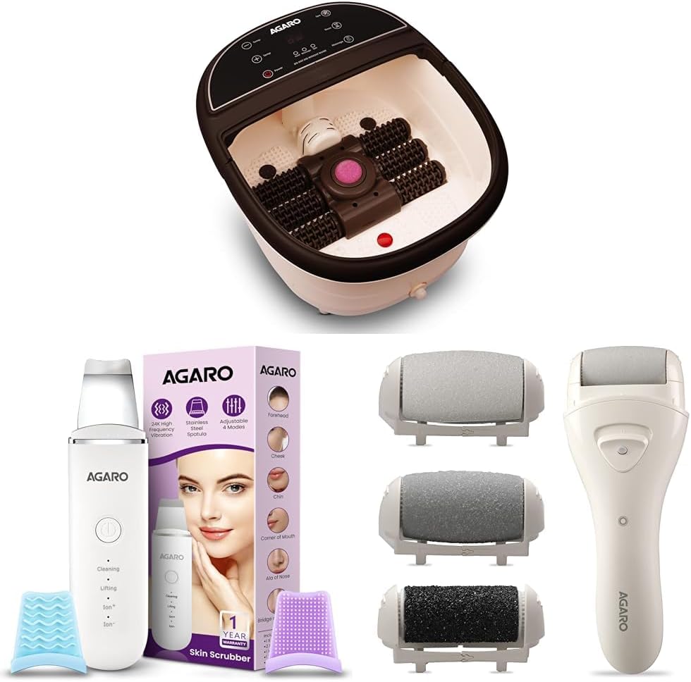 AGARO ROYAL AC Power Automatic Foot Spa Bath Massager, White (33619) & AGARO Ultrasonic Facial Skin Scrubber for Wet Skin, White & AGARO CR3001 Callus Remover