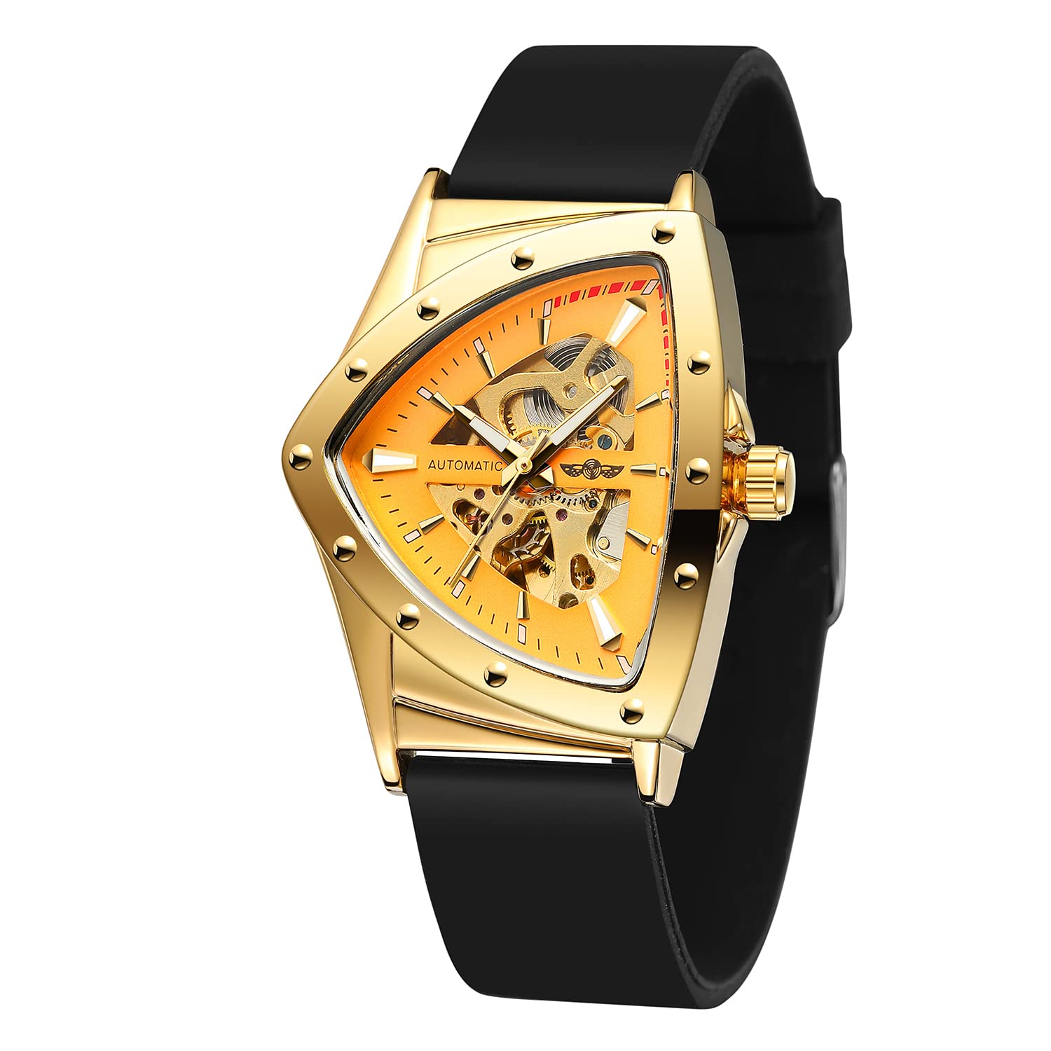 New Men Waterproof Skeleton Triangular Mechanical Wrist Watch with Silicone Strap, Gold and Black3, Mechanical (B0B7D5KH2W) Amazon Price History, Amazon Price Tracker