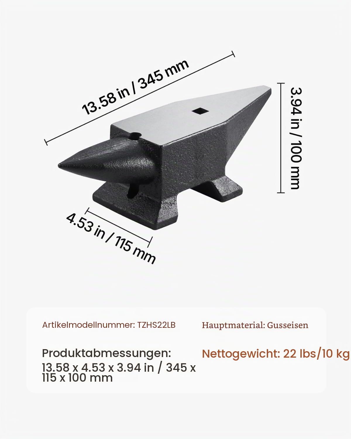 VEVOR 10kg Schmiedeamboss 55HRC Stahl Schmiede Werkzeug 35, 3x11, 3x16cm Amboss mit einer Arbeitsfläche von 355x110mm, Abflachen Schmieden und Formen Metall, Cast Iron Anvil 22 LBS, Schwarz & Grau