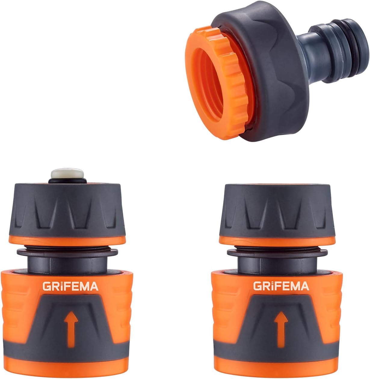 GRIFEMA GE1103 Garden Female Hose Connector Kit including 1/2" Waterstop Connector, 1/2" Quick Coupling and 1/2" - 3/4" Premium Female Fittings Grey - Orange [Amazon Exclusive]