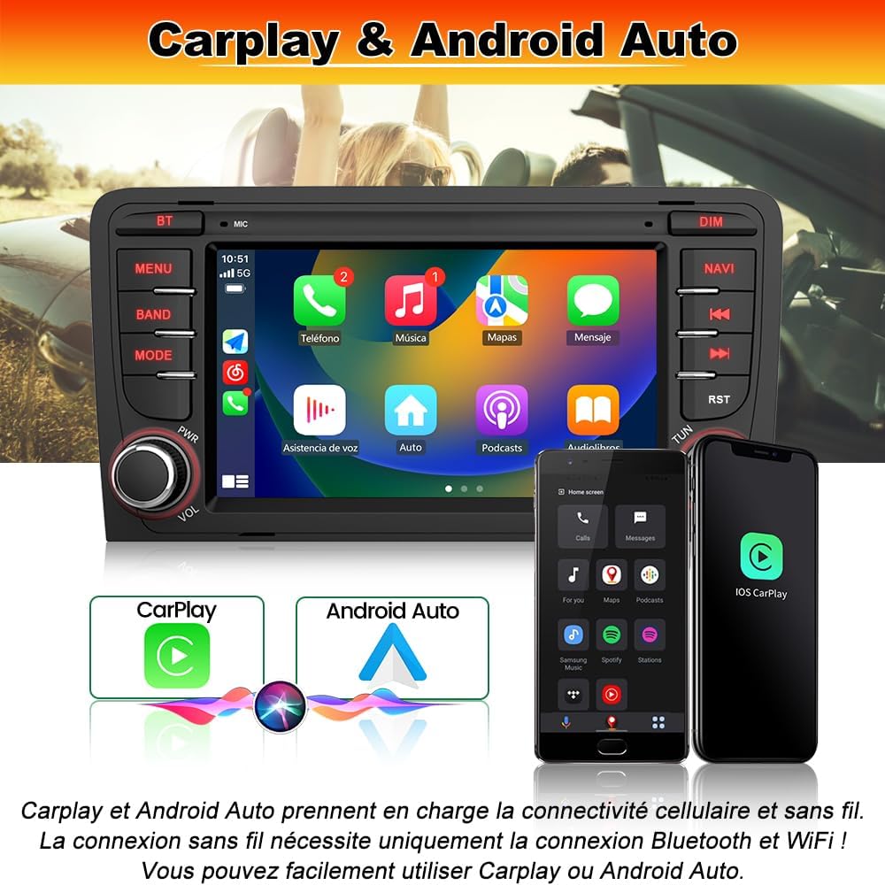 Car radio screen displaying the Carplay interface with app icons for phone, music, maps, and messages. Below, icons for Carplay and Android Auto are shown with smartphones.