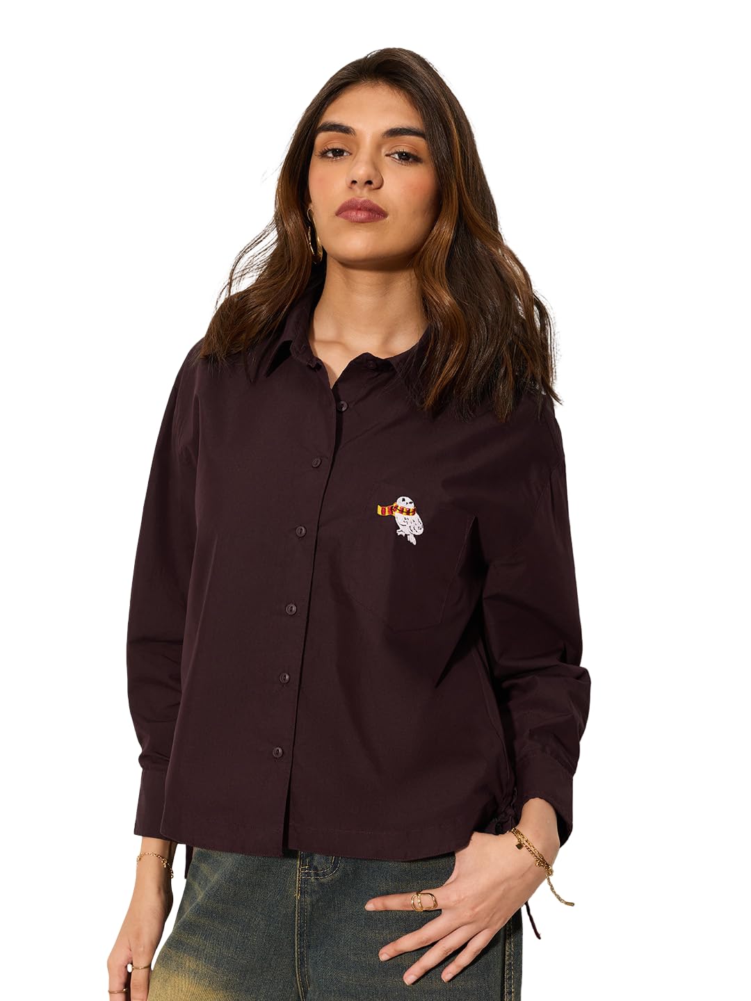 the souled store Harry Potter: Mini Hedwig Women and Girls Full Length Collared Dark Brown Embroidered Cotton Polyester Blend Relaxed Fit Adjustable Side Ties Lightweight Everyday Shirt-picture-29