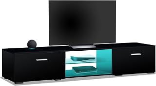 MDA Designs AVIOR Black with Gloss Black Doors Modern TV Cabinet for Flat TV Screens of up to 75 Entertainment Unit with LED Lights