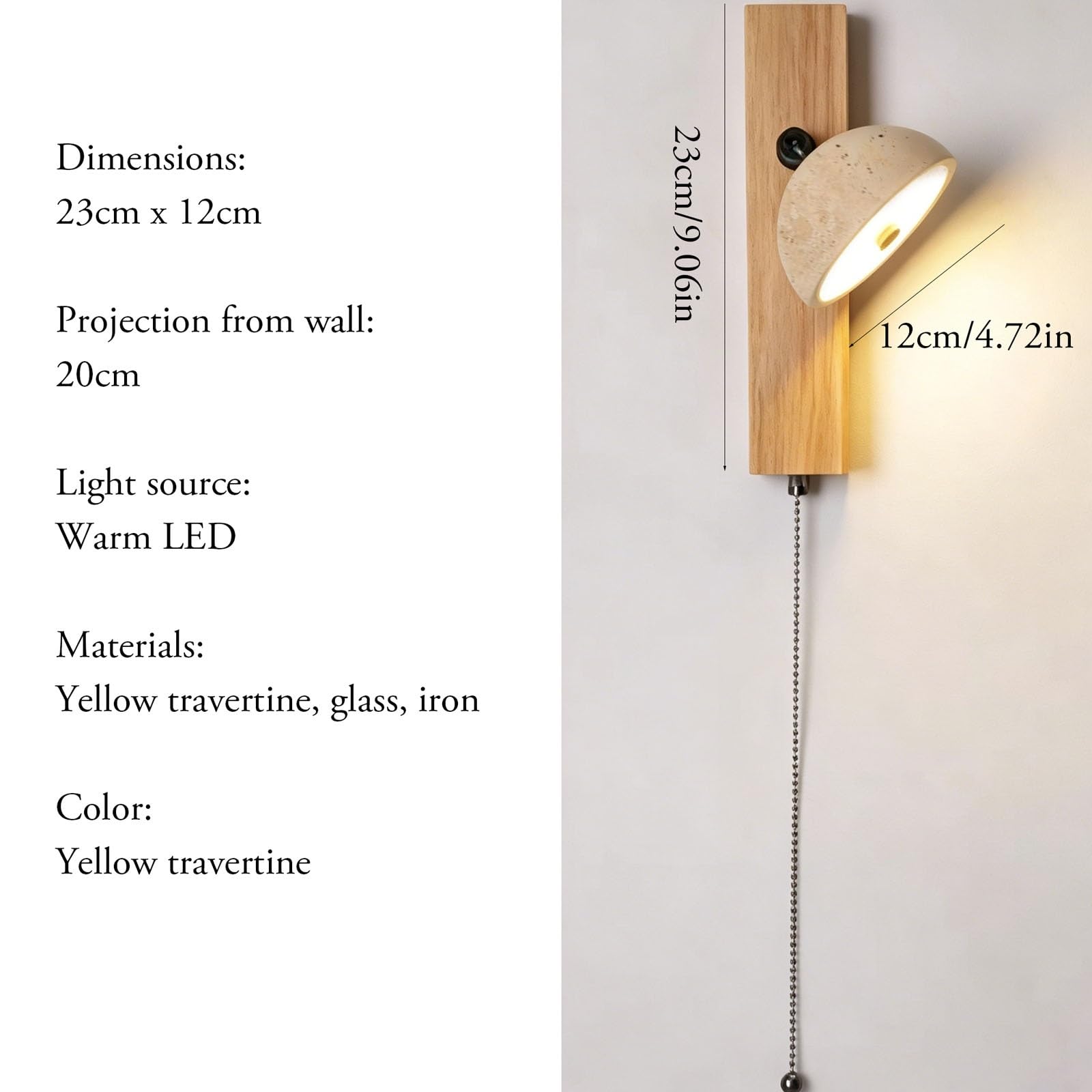 Sconce da parete regolabile in travertino con base in legno massello di noce, interruttore a catena, lampada da lettura a parete industriale nordica a LED, for soggiorno studio sul(Natural)