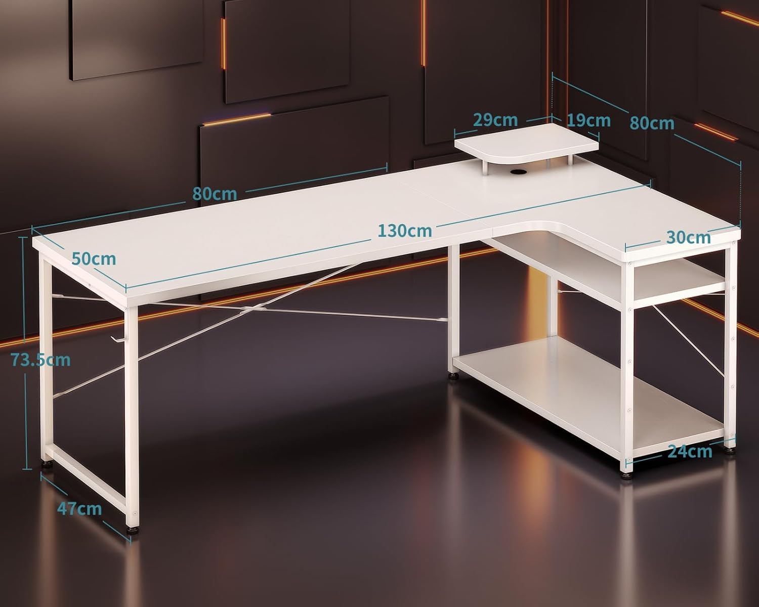 Amazon | L 字型ゲーミングデスク 幅 130cm 棚付き ホワイト 右棚 組立