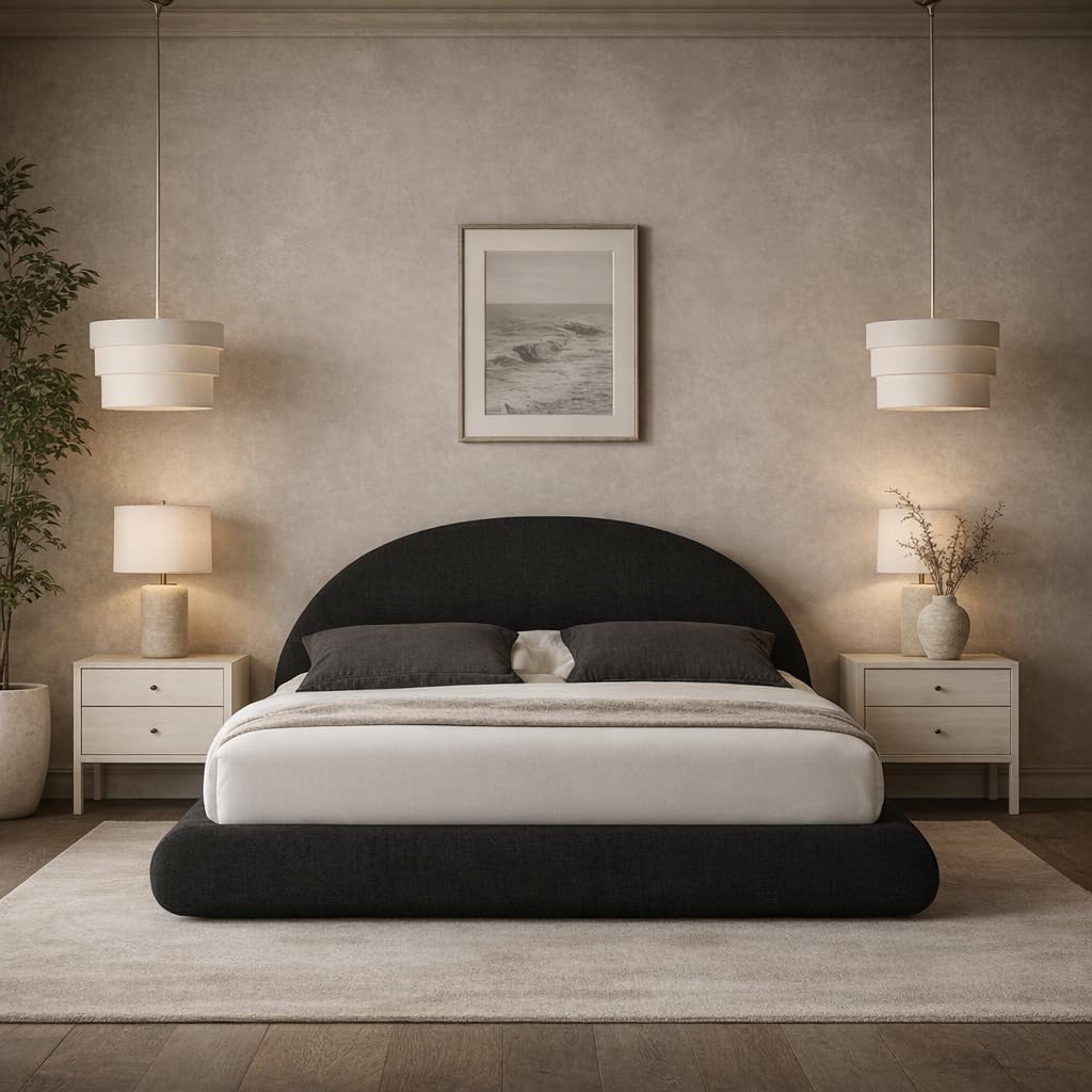 Round Bed – Washable Cover - Soft Upholstered Linen - Minimalist Modern - Half Circle Moon - Sold Separately (Taupe Boucle, Queen Base)