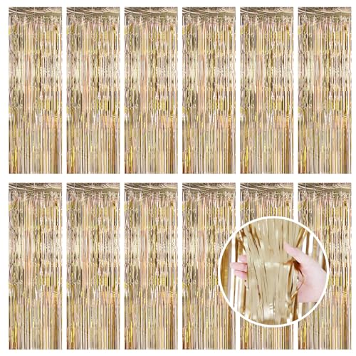 Champagne Gold Fringe Curtain Party Streamers, 12 Pack 3.3ft x 8.2ft Foil Curtain Backdrop Tinsel Foil Fringe Curtains Photo Booth Backdrop Streamer for Birthday, Wedding, Baby Shower, Disco Party