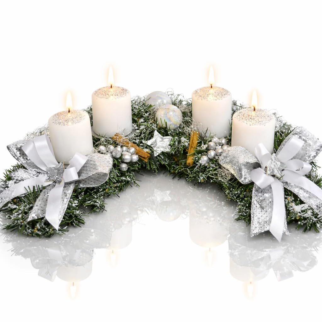 Adventskranz Halbmond künstlich Silber weiß Weihnachten Advent Gesteck