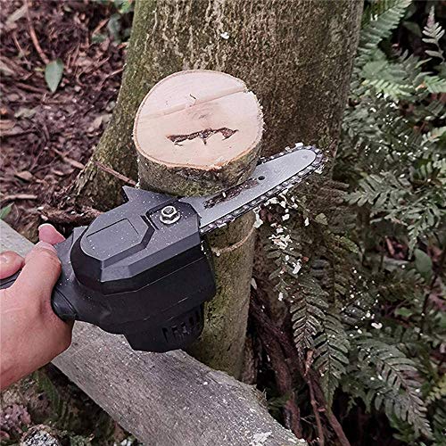CJCGLOBAL Handheld Cordless Chainsaw with Charger and 2 Battery | Mini 4-Inch Cordless Electric Protable Chainsaw, Adjustable Cutting Speed for Wood Cutting, Tree Pruning and Garden (Black)