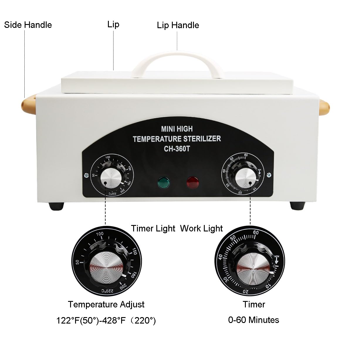 Caja de limpieza de herramientas de metal de alta temperatura, 50.0 °C a 220.0 °C, gabinete de limpieza de calor seco de 2 litros con temporizador de bandeja de acero inoxidable y mango para