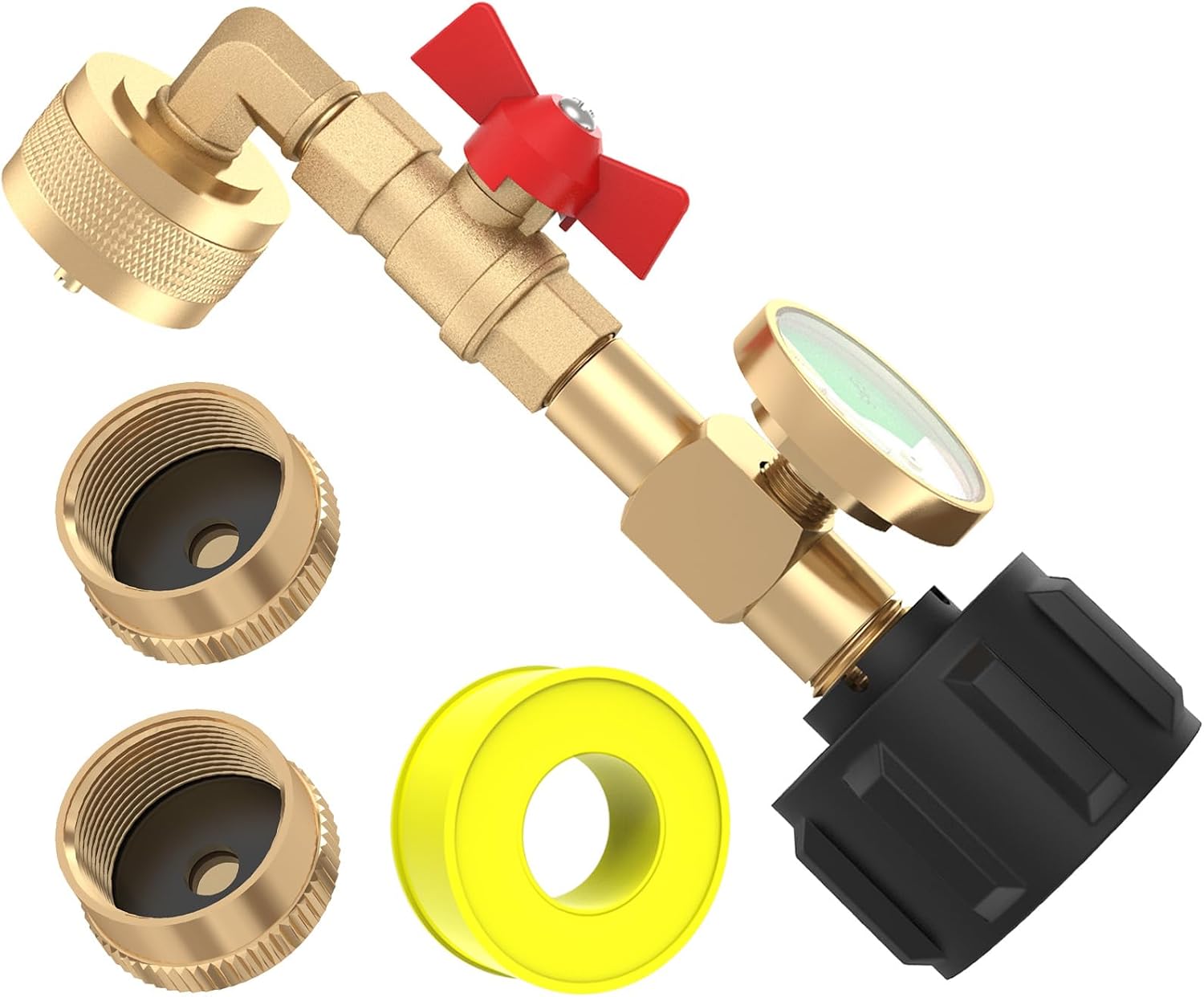 GardenNow QCC1 Propane Refill Elbow Adapter with Propane Tank Gauge 90 Degree Propane Refill Pressure Adapter with ON/Off Control Valve for Camping Grill 1LB Bottle Refilled Gas from 5~40 LBS Cylinder