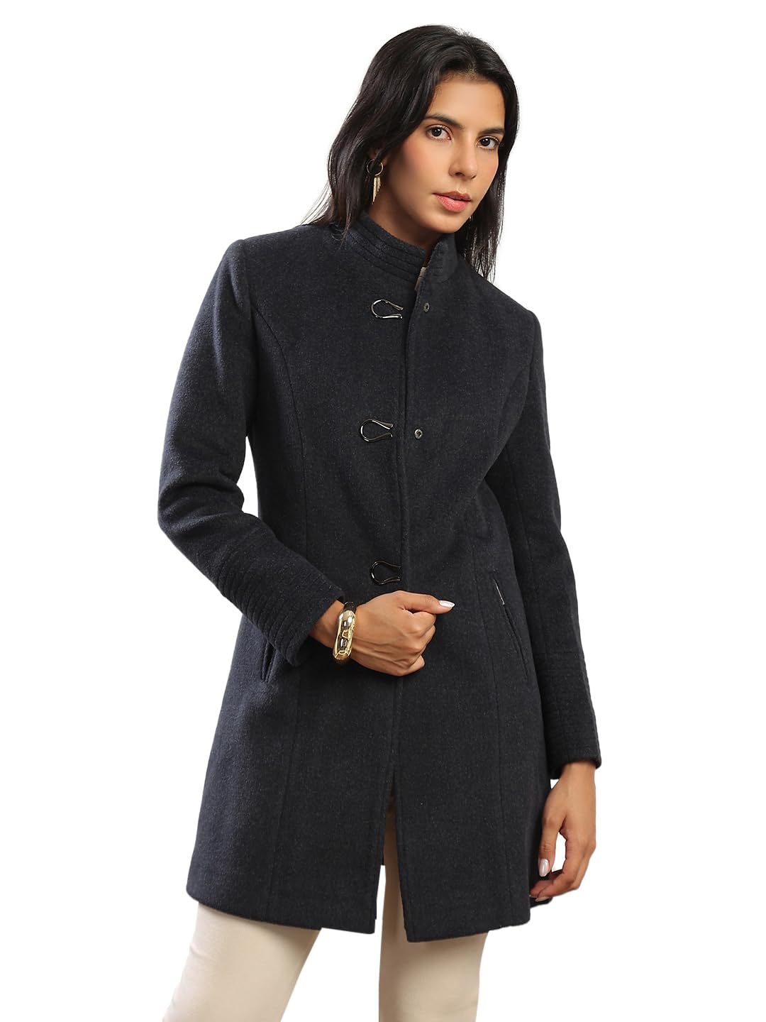 Women Notched Lapel Long Sleeves Striped Self Design 2 Pockets Hip Length Winterwear Overcoat-image-37