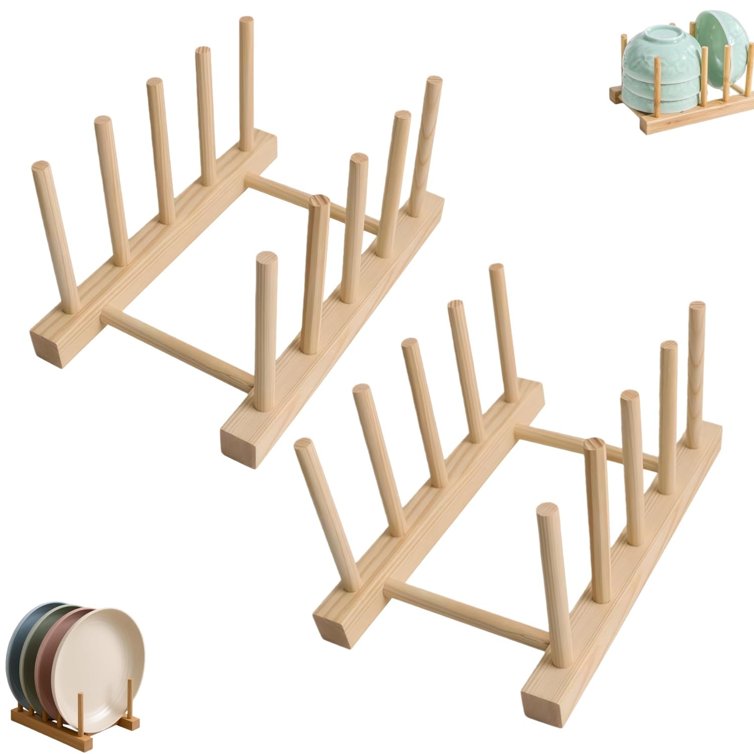 Zpeiran Wooden Plate Rack Organiser,2PCS Plate Rack Holder Cupboards Bamboo Wooden Chopping Board Tray Dish Rack Stand Drainers,for Fits Chopping Boards Cups Books Pot Lids Baking Trays