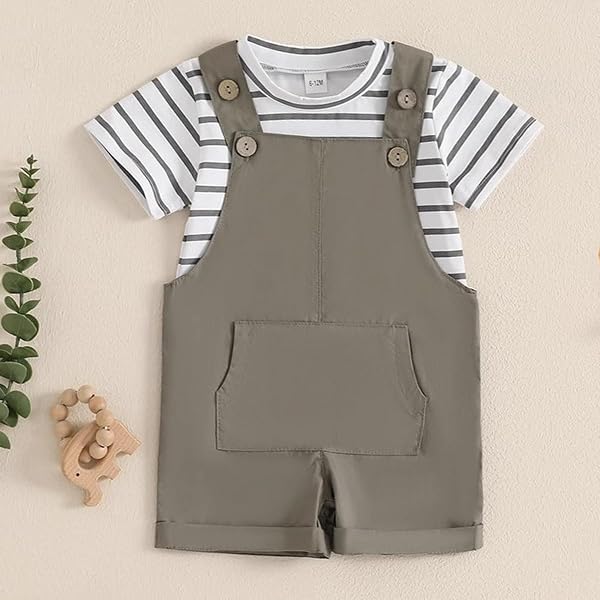 Vêtements Bébé Garçon Manches Courtes Col Contrastant Polo Top+Salopette Unie Décontractée 2 Pièces Ensemble Tenue de Printemps et d'Été - 4