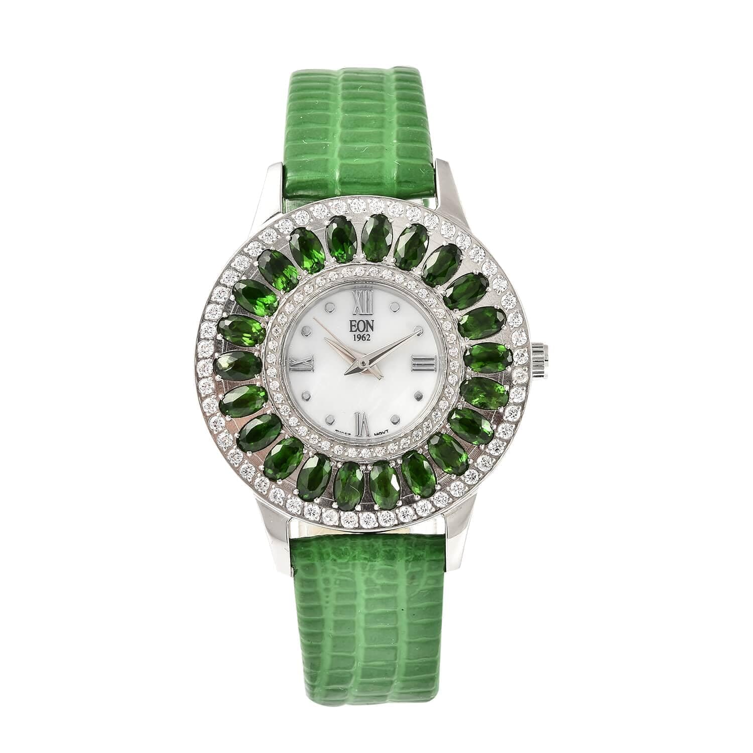 Shop LC EON 1962 Diopside, Simulated Diamond Movement Triple Halo Dial Watch with Green Leather Band 7.00 ctw Birthday Gifts Engagement Anniversary Wedding Promise