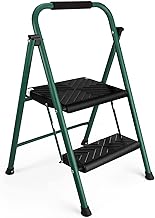 Delxo 2 Step Ladder, Folding Step Stool for Adults With Wide Anti-Slip Pedal, Convenient Handgrip, Lightweight, Portable Collapsible Metal for Household, Kitchen (Black+Green)