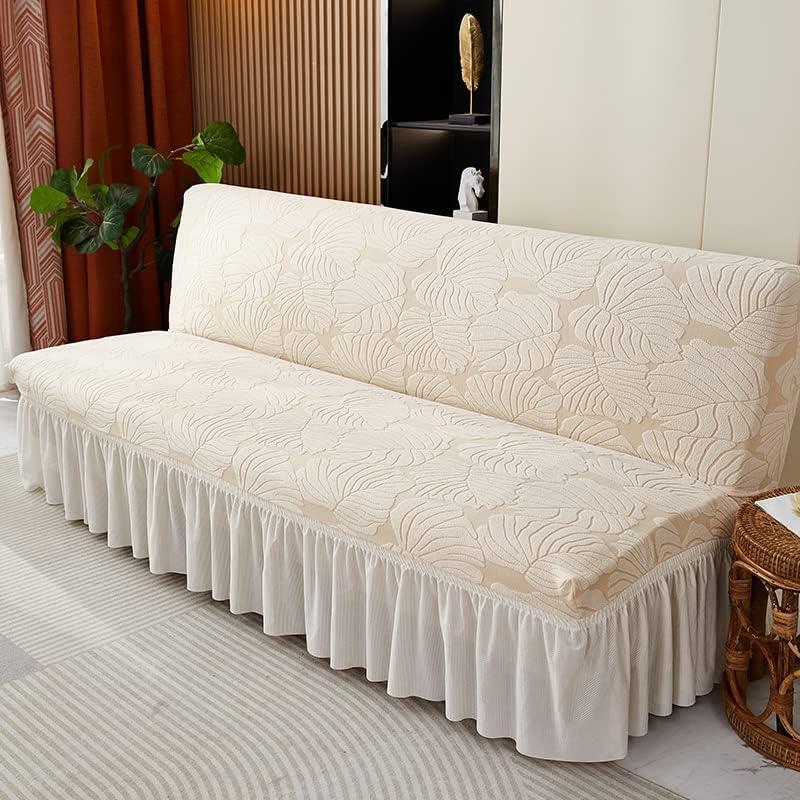 Vista 4 de Fundas de sofá impermeables para sofá cama sin brazos, fundas de futón con patrón de hojas jacquard de elastano con parte inferior elástica