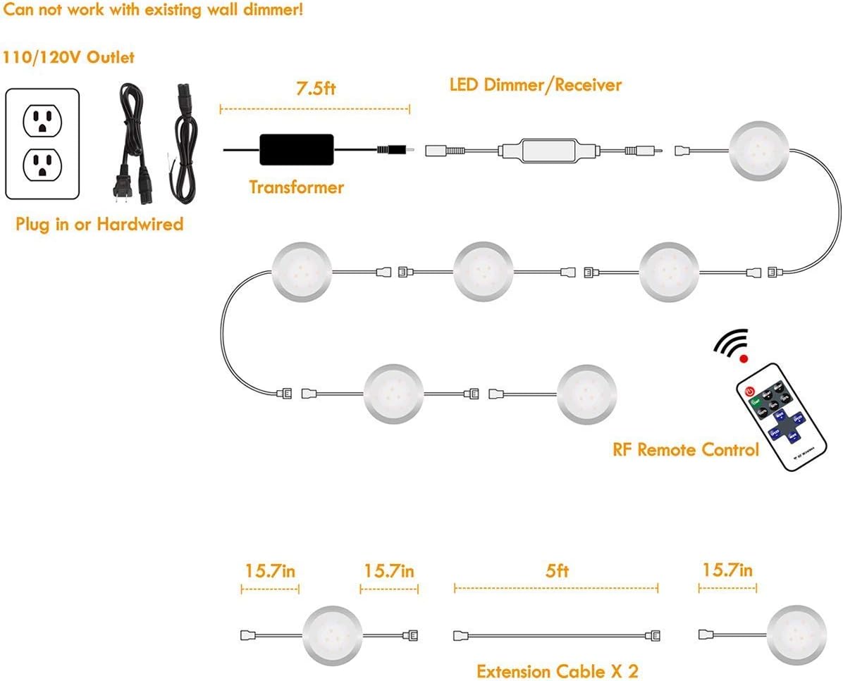 Under Cabinet Lighting Kit, Dimmable Wireless RF Remote Control, Linkable Wired LED Puck Lights, AC120V to DC12V, Hardwired or Wall Plug, 14 Lights & 6 Lights, Warm White