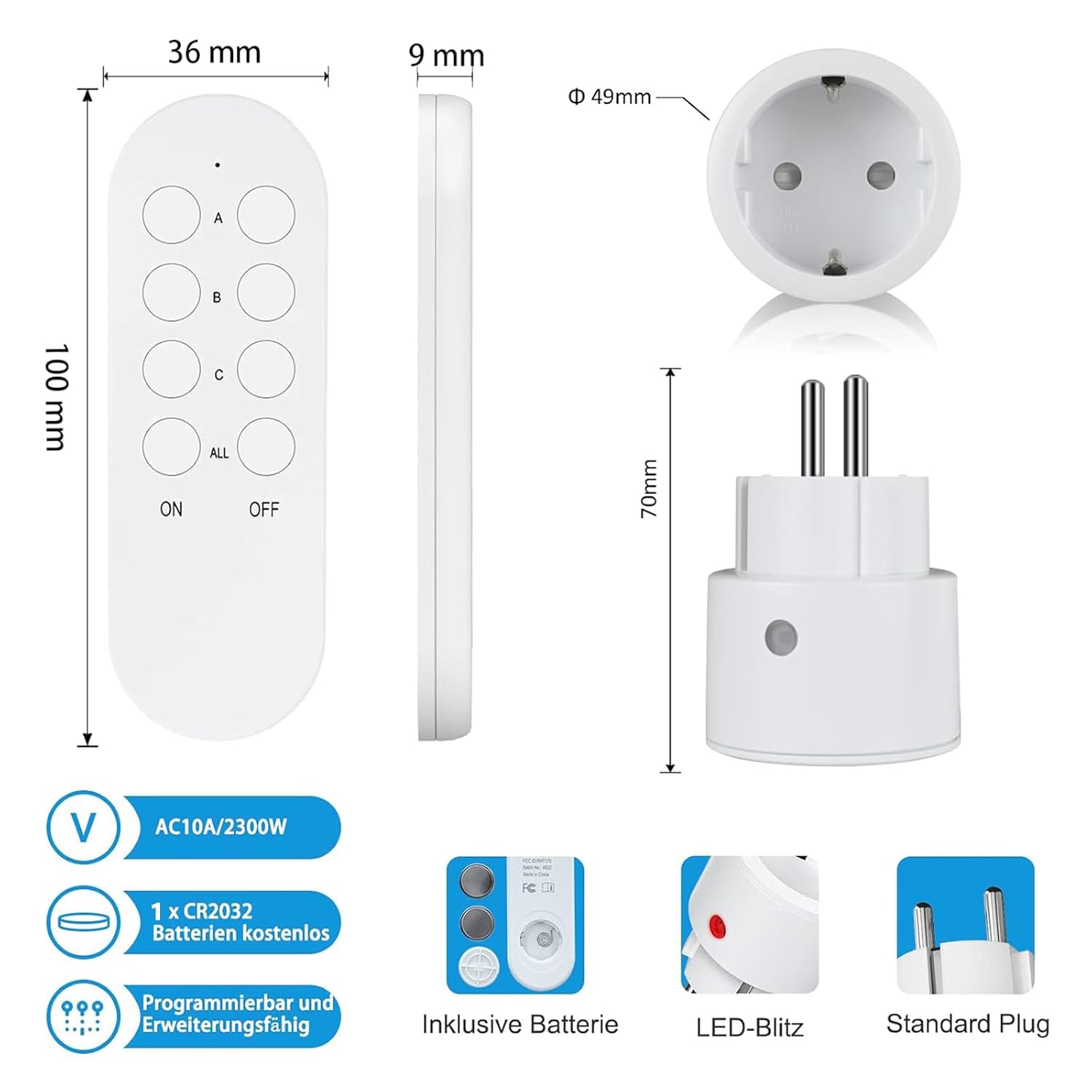 Diagram showing dimensions of SURNICE remote control outlet and remote, along with key features.