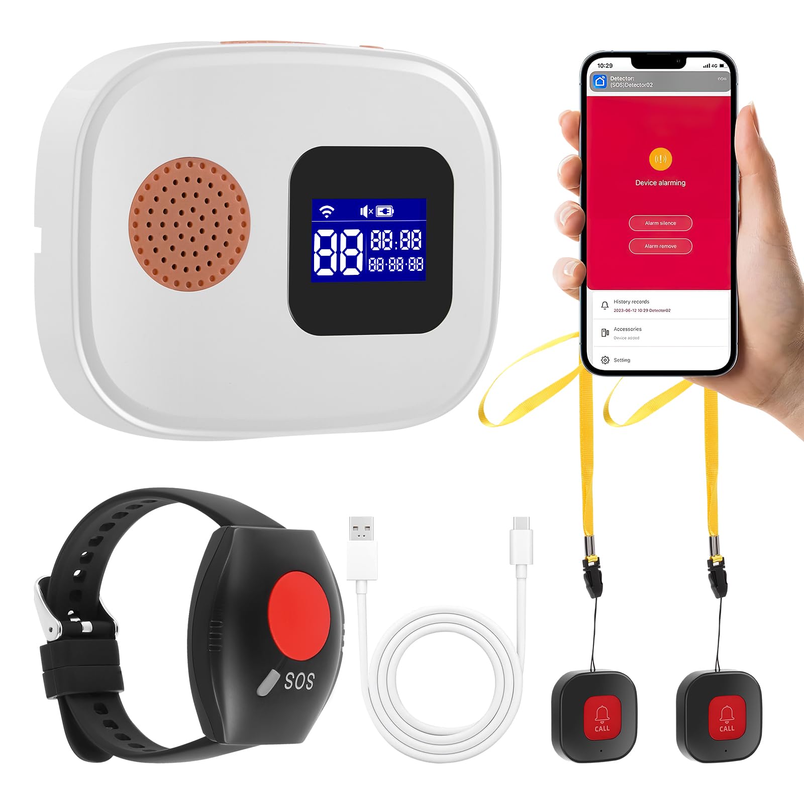 Wireless Personal Alarms for Elderly with App Alerts, WiFi Caregiver Pager System & Elderly Alarm Call Button for Seniors Home Safety, Wearable SOS Wrist & Neck Panic Alerts (1 Receiver, 3 Buttons)