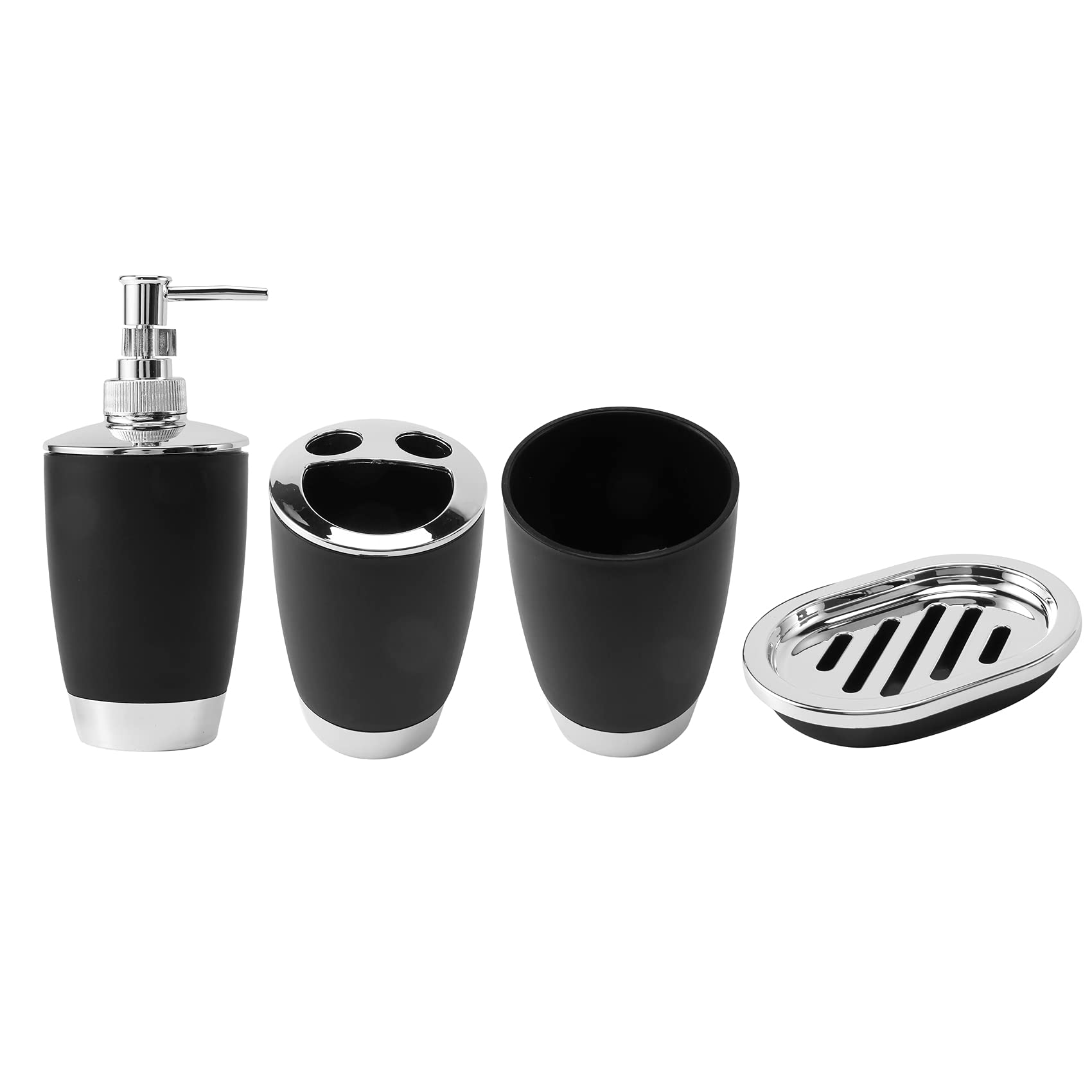 Qwertfeet 4Pcs/Set Bathroom Suit Set Bathing Accessories Includes Soap Box Cup Toothbrush Holder Soap Dispenser Soap Dish Set Black