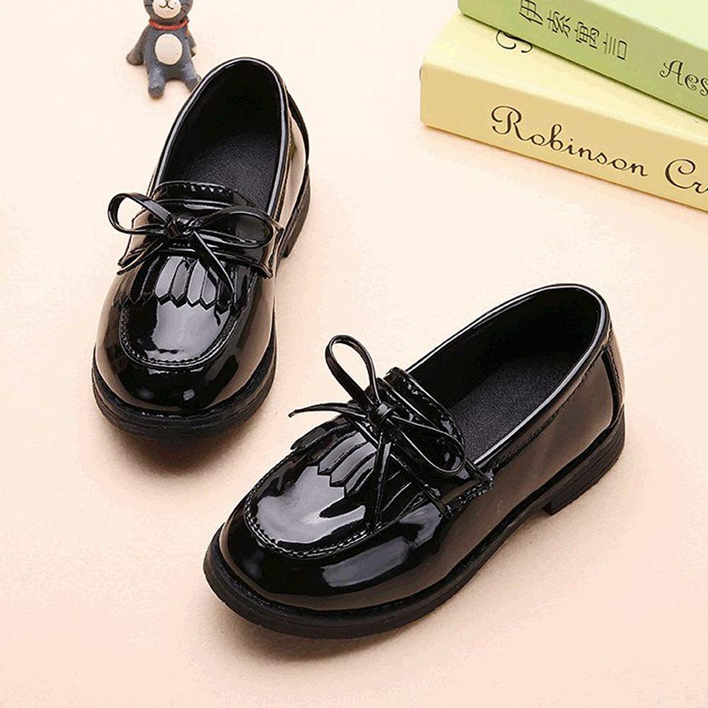 Mocassins Fille Cuir Vernis Bout Ronde Talon Plate Chaussures de Ville Ecole Franges Oxford Noir Bordeaux Argent