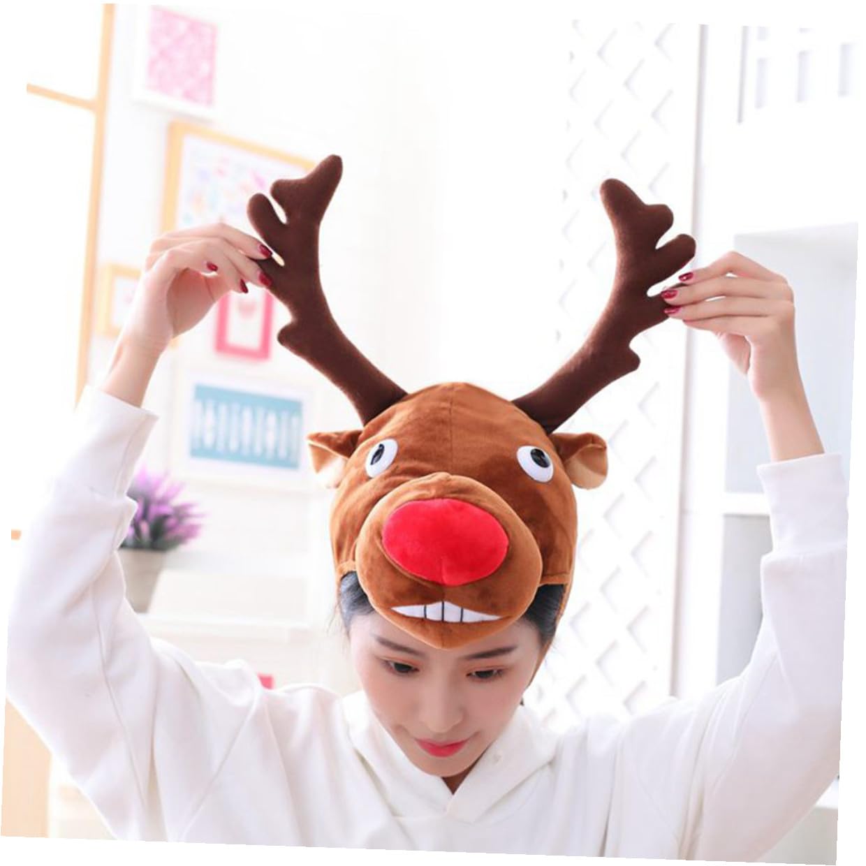 Sombrero de Fiesta de Dibujos Animados Diseño de Alce Gorro Navideño de Felpa Relleno de Algodón PP Accesorio Cómodo para Invierno y Fiestas de Disfraces